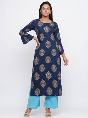 Navy blue printed rayon palazzo-kurta 3