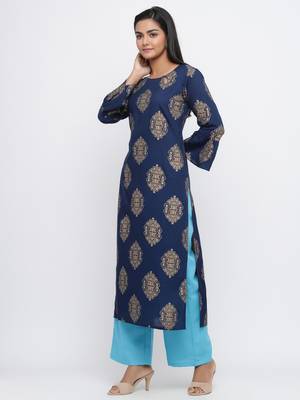 Navy blue printed rayon palazzo-kurta 4