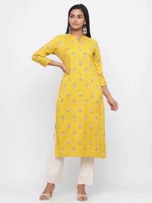 Yellow printed rayon kurti-trouser 1