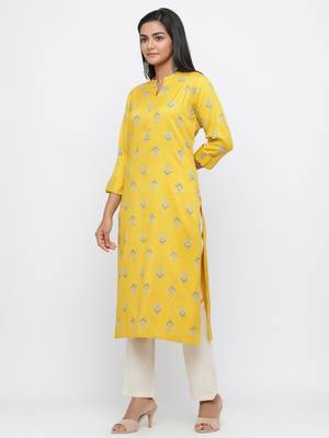Yellow printed rayon kurti-trouser 3
