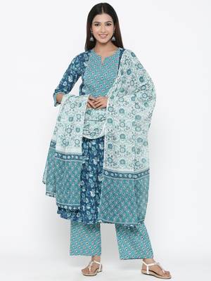 Sea green printed cotton kurta-sets 1
