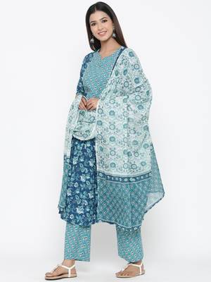 Sea green printed cotton kurta-sets 3