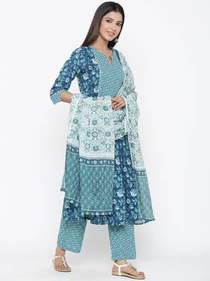 Sea green printed cotton kurta-sets 4