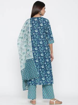 Sea green printed cotton kurta-sets 5