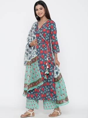Green printed cotton kurta-sets 3
