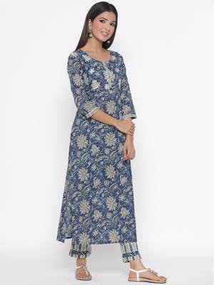 Blue printed cotton palazzo-kurta 1