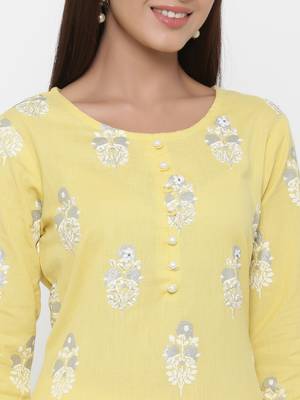 Yellow printed cotton long-kurtis 2