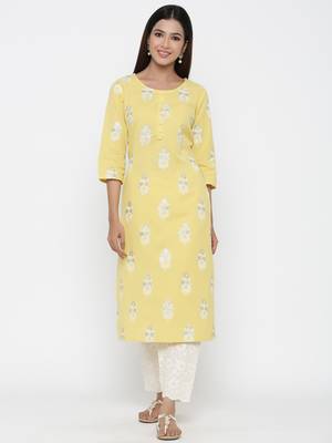 Yellow printed cotton long-kurtis 1