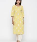 Yellow printed cotton long-kurtis