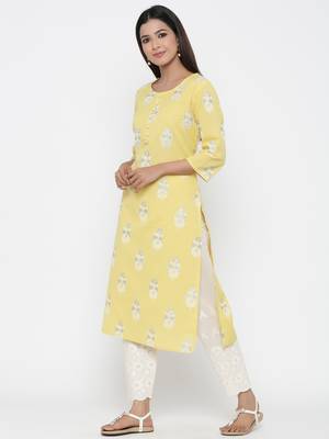 Yellow printed cotton long-kurtis 3