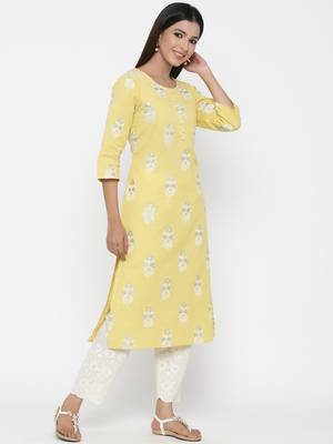 Yellow printed cotton long-kurtis 4