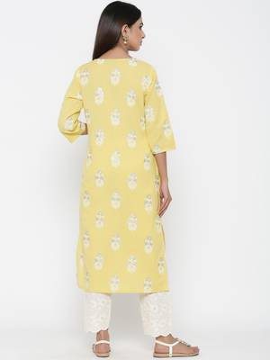 Yellow printed cotton long-kurtis 5