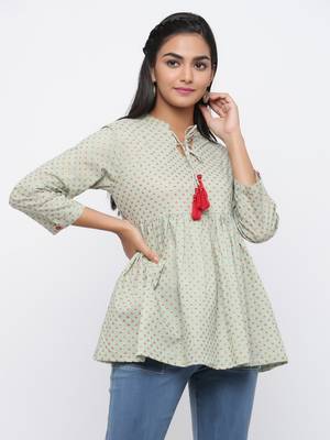 Green printed cotton long-kurtis 1
