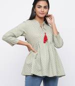 Green printed cotton long-kurtis