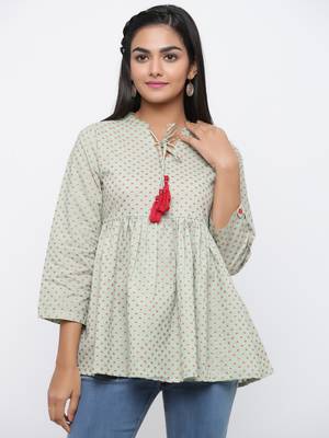 Green printed cotton long-kurtis 3