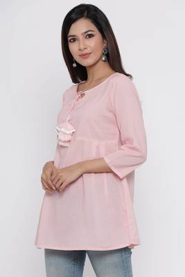 Pink printed cotton long-kurtis 1