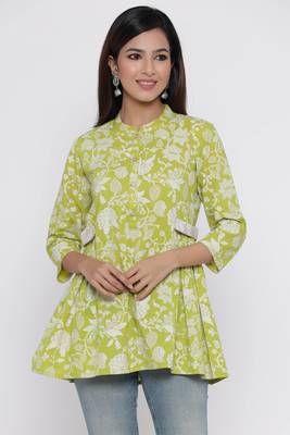 Green printed cotton long-kurtis 1
