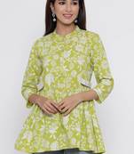 Green printed cotton long-kurtis