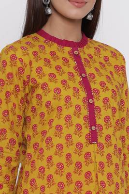 Mustard printed cotton long-kurtis 2