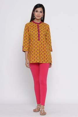 Mustard printed cotton long-kurtis 1