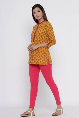 Mustard printed cotton long-kurtis 4
