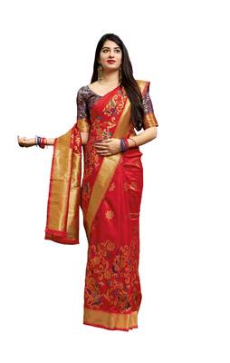 Light red woven banarasi silk saree with blouse 1