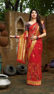 Light red woven banarasi silk saree with blouse 2