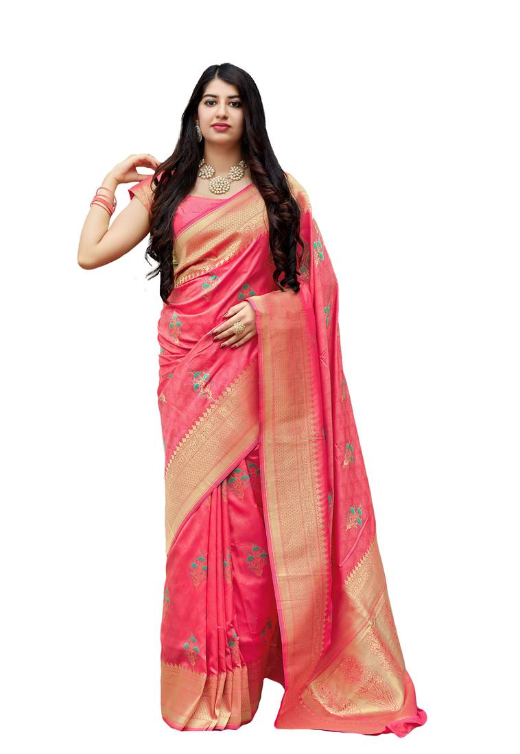 Light pink woven banarasi silk saree with blouse
