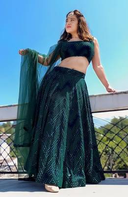 Bottle green 3mm sequins and Thread embroidered Georgette fabric lehenga choli 1
