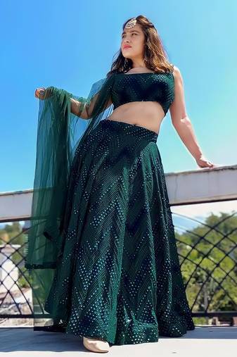 Bottle green 3mm sequins and Thread embroidered Georgette fabric lehenga choli