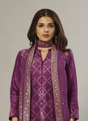 purple embroidered jacquard zari_work long-kurtis 2