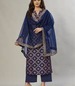 navy-blue embroidered jacquard zari_work long-kurtis