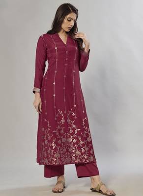 maroon embroidered jacquard zari_work long-kurtis 1