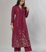 maroon embroidered jacquard zari_work long-kurtis