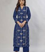 navy-blue embroidered jacquard zari_work long-kurtis