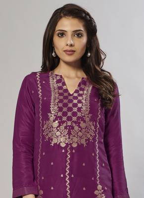purple embroidered jacquard zari_work long-kurtis 2