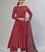 red embroidered muslin zari_work long-kurtis