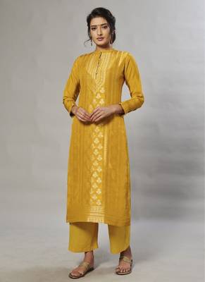 yellow embroidered jacquard zari_work long-kurtis 1