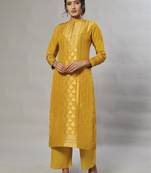 yellow embroidered jacquard zari_work long-kurtis