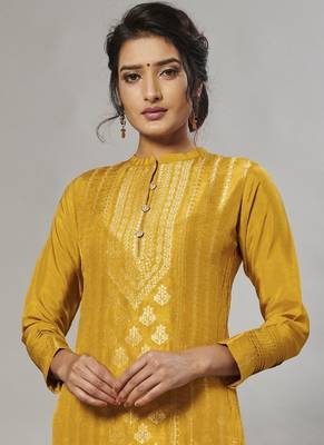 yellow embroidered jacquard zari_work long-kurtis 2