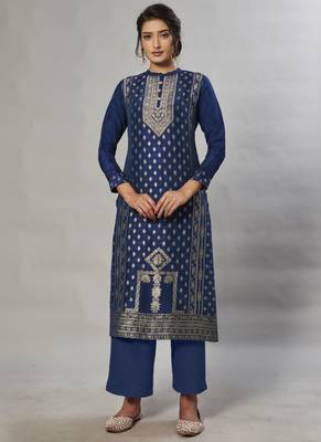 navy-blue embroidered jacquard zari_work long-kurtis 1