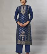 navy-blue embroidered jacquard zari_work long-kurtis