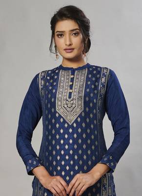 navy-blue embroidered jacquard zari_work long-kurtis 2