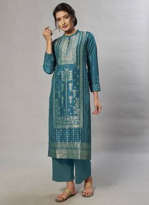 blue embroidered jacquard zari_work long-kurtis 1