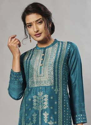blue embroidered jacquard zari_work long-kurtis 2