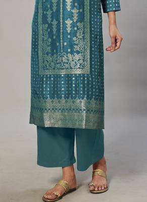 blue embroidered jacquard zari_work long-kurtis 3