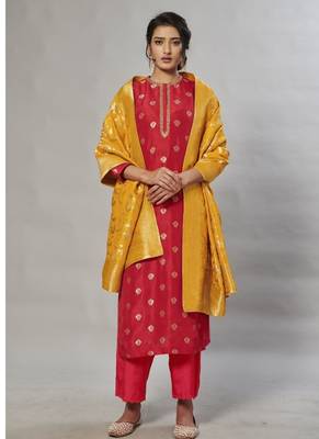 red embroidered jacquard zari_work long-kurtis 1