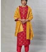 red embroidered jacquard zari_work long-kurtis