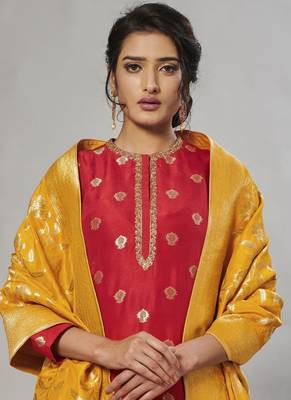 red embroidered jacquard zari_work long-kurtis 2