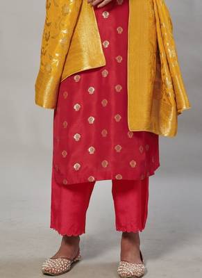 red embroidered jacquard zari_work long-kurtis 3